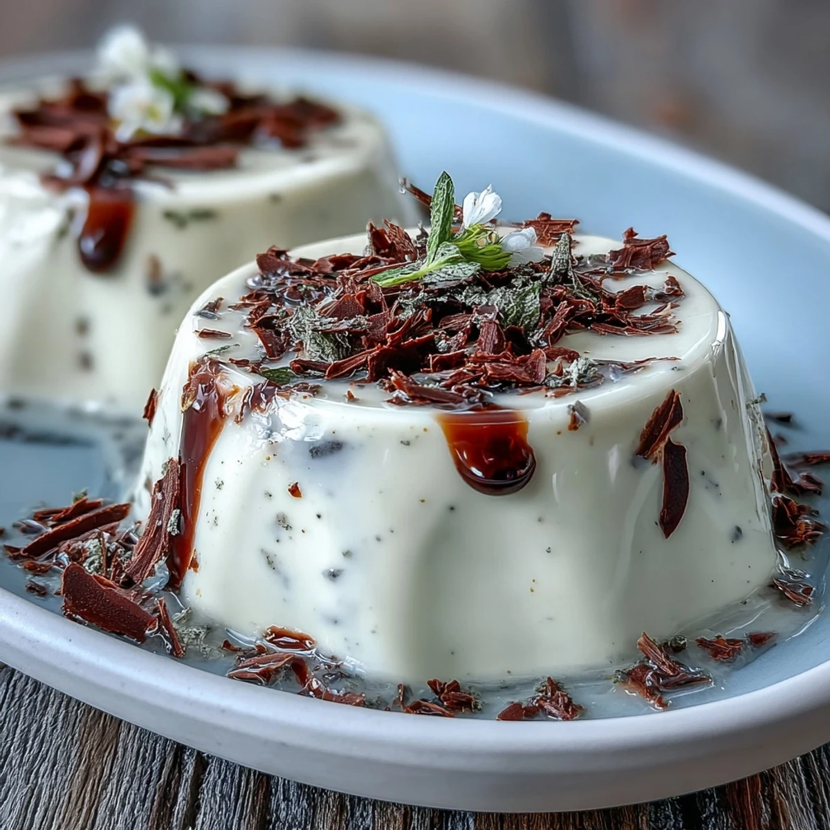 Creamy Hojicha Panna Cotta with roasted tea notes, unmolded onto a plate and topped with shaved chocolate and edible flowers.