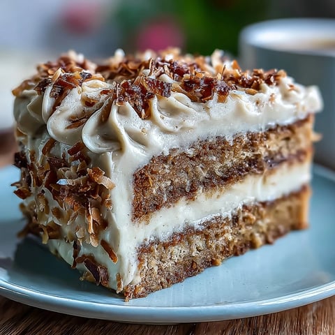 Close-up of a frosted Vegan Hojicha Latte Cake dusted with hojicha powder and toasted coconut flakes.