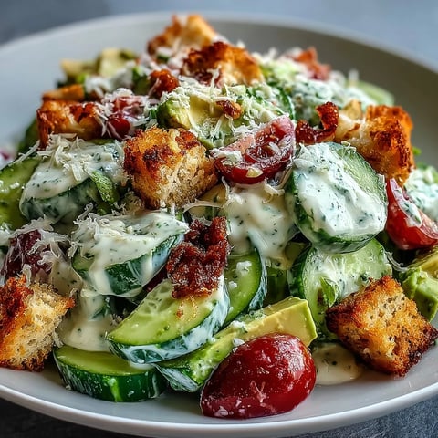 Cucumber Caesar Salad with creamy dressing, crunchy croutons, and shaved Parmesan served in a rustic white bowl, close-up.