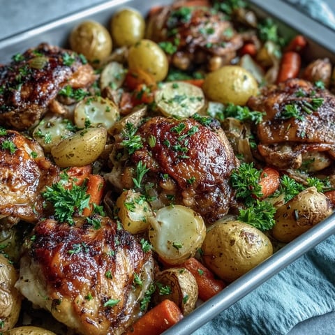 Golden-brown, crispy chicken thighs seasoned with ranch herbs sit beside tender roasted potatoes and carrots on a sheet pan, perfect for an easy weeknight dinner.