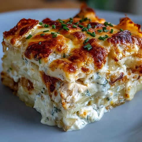 Golden, bubbly cheddar and mozzarella tops this Creamy Ranch Chicken Potato Bake, revealing tender potatoes and chicken in a rich ranch sauce.