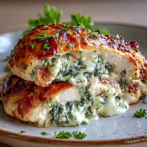 Freshly baked Keto Spinach and Bacon Stuffed Chicken Breasts with Garlic Butter resting in a ceramic baking dish.