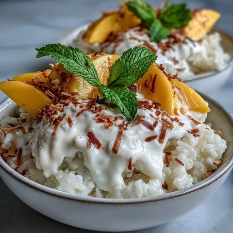 Vegan Mango Sticky Rice Breakfast Bowls with Coconut Cream topped with sliced mango and a drizzle of coconut cream served in a ceramic bowl.