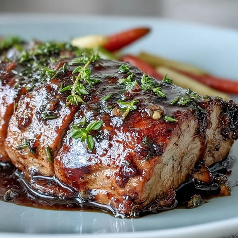 Juicy One-Pan Honey Balsamic Pork Tenderloin roasted next to glazed rainbow carrots on a sheet pan.