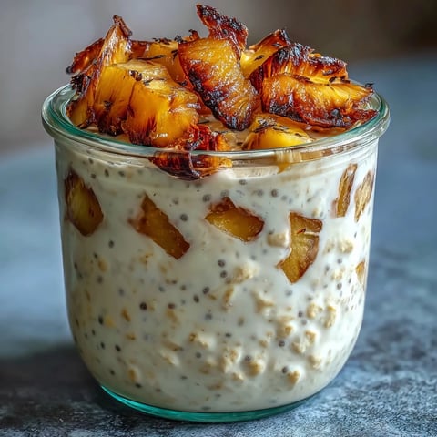 Creamy mango chia overnight oats with coconut milk, topped with toasted coconut and fresh mango chunks. A tropical vegan breakfast in a jar.