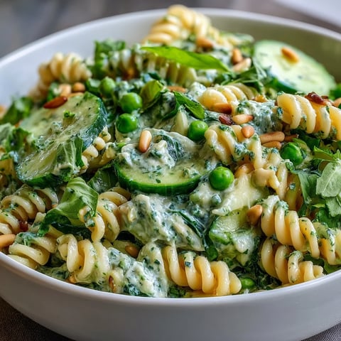 Spring Green Goddess Pasta Salad with Peas and Herbs, featuring vibrant pasta, crisp peas, and creamy herb dressing, served in a large white bowl with fresh herbs scattered on top.  