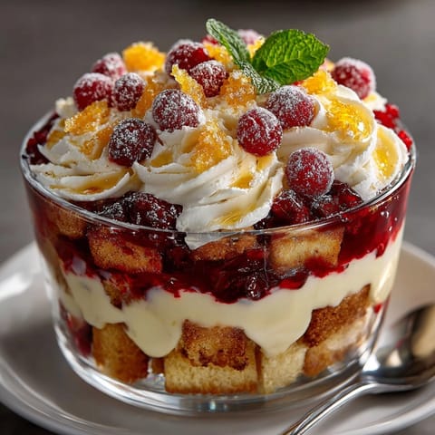 A festive Cranberry Orange Trifle with sugared cranberries; creamy, tangy, and delicious.