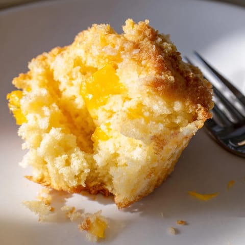 Close-up of freshly baked Mango Lemon Ricotta Muffins, inviting aroma jumps from oven.
