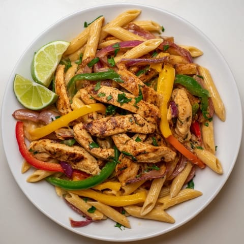 Close-up of Alfredo Chicken Fajita Pasta, garnished with parsley and served with lime.