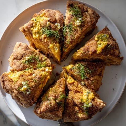 Deliciously unique Dill Pickle Buffalo Ranch Churro Cake Scones, ready for brunch.  
