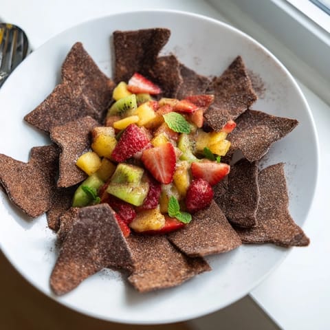 Homemade Dessert Chips & Salsa featuring rich chocolate chips and vibrant fruit medley.  