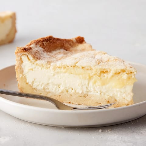 Sliced water pie served cold, showcasing its custard-like filling and crisp crust.  