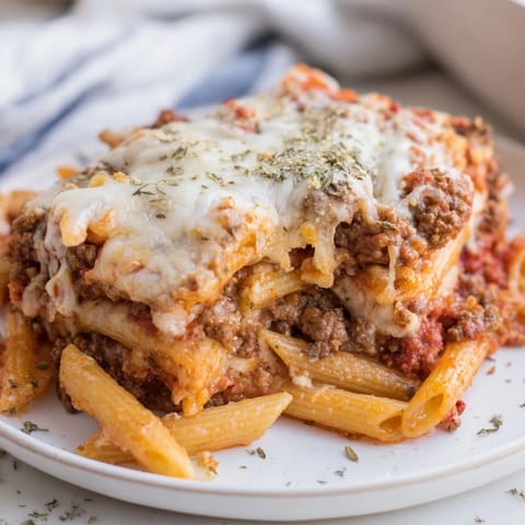 A delightful Cheesy Beef & Penne Bake served hot, perfect for cozy family dinners.  