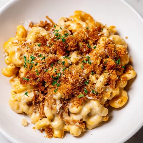 A close-up photo shows creamy Barbecue Pulled Pork Mac and Cheese, overflowing in its baking dish.