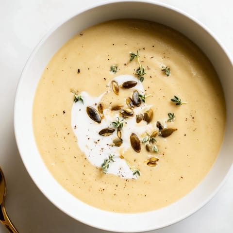 Golden-hued bowl of creamy roasted acorn squash soup, a perfect fall comfort food.
