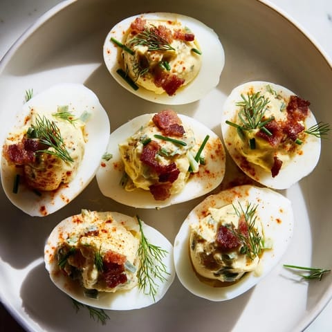 Close-up of loaded deviled eggs showing bacon crumbles, fresh dill, and colorful, tangy flavors.