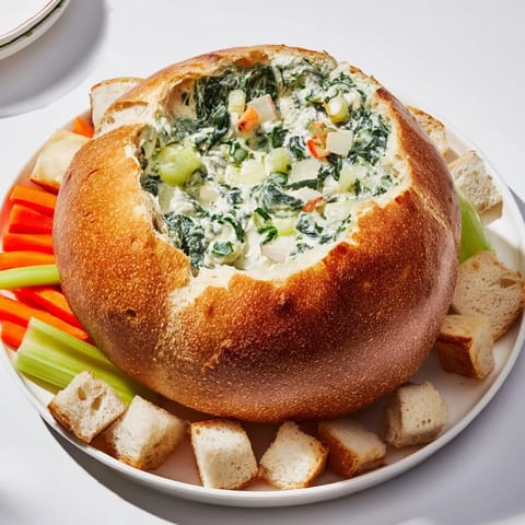 This vibrant photo shows a delicious The Best Spinach Dip Ever, surrounded by fresh veggies and bread.