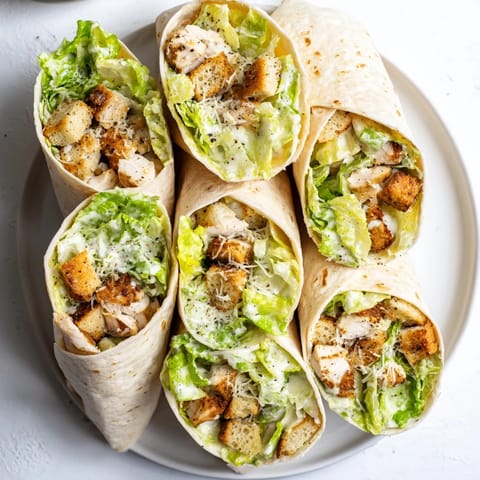 Freshly assembled Chicken Caesar Wraps, oozing delicious filling, perfect for a quick, satisfying meal.