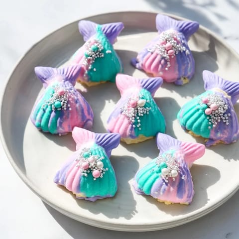 Close-up of pastel-colored Mignardises Queue de Sirène, showing the airy texture of the petit fours and detailed sprinkles.