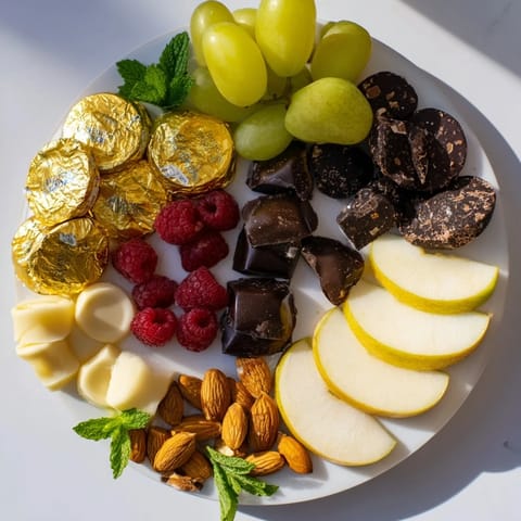 This New Years Gold Foil Wrapped Chocolate Board features glistening foil-wrapped chocolates next to fresh fruit.