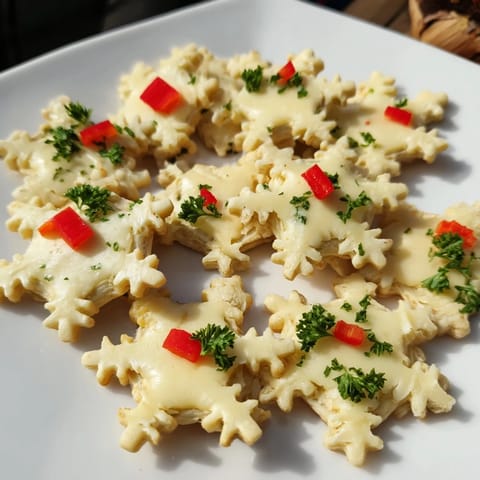 Delicate Cracker and Cheese Snowflake Design appetizers sitting on a platter, with fresh herbs for a beautiful presentation.