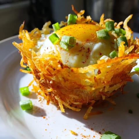 Warm, appetizing photo: a baking pan filled with savory Crispy Hashbrown Egg Nests, ready to enjoy.