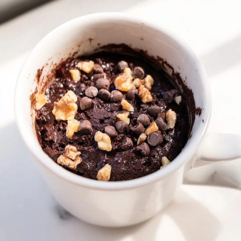 A single-serving Mug Brownie, swirled with optional chocolate chips, a simple dessert dream.