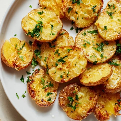 Sizzling Garlic Parmesan Potatoes, featuring crispy edges and Parmesan cheese aroma.