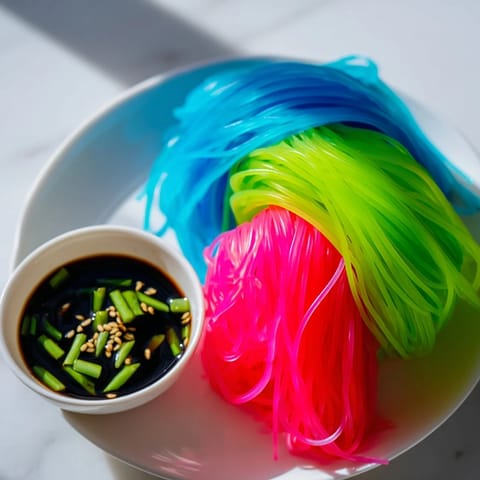 Imagine the colorful, bouncy Neon Noodle Clouds, a playful vegan appetizer ready to eat.