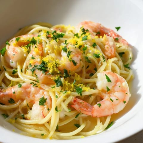 A close-up of Lemon Garlic Shrimp Pasta, featuring plump pink shrimp nestled in silky spaghetti with a zest of lemon and red pepper flakes.