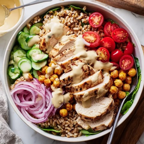 Sliced roasted chicken over hearty farro and greens in a Lemon Tahini Chicken Power Bowl, drizzled with creamy sauce.