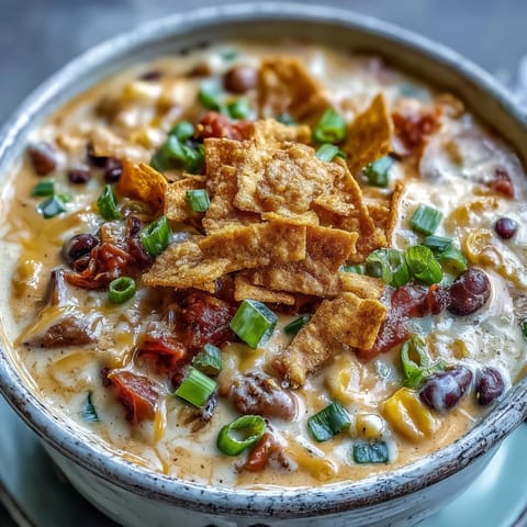Creamy Taco Soup in a rustic bowl, garnished with shredded cheddar, sliced green onions, and a lime wedge, served with crushed tortilla chips.