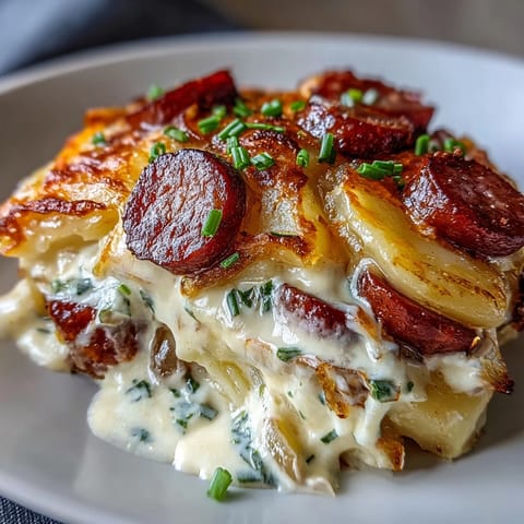 A slow cooker filled with layers of pillowy pierogi, creamy cheese sauce, and smoky kielbasa slices for a hearty meal.
