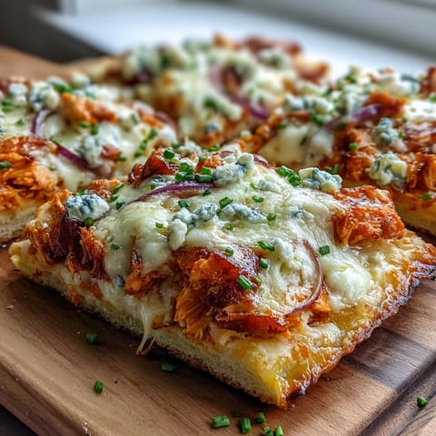 A bubbling Buffalo Chicken Pizza slice held up, showcasing gooey cheese pull and spicy red buffalo chicken chunks on a crispy crust.