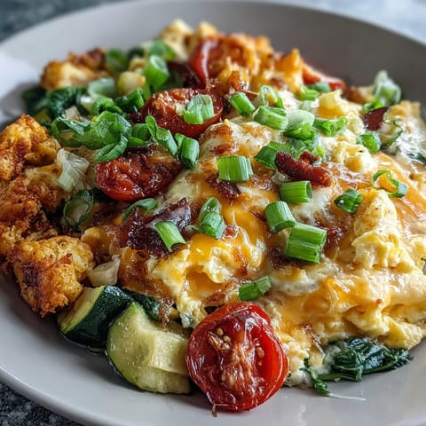A hearty Scrambled Egg and Veggie Bowl topped with gooey melted cheese and fresh green onions for a nourishing American breakfast.