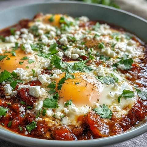 Steaming Shakshuka Bowl featuring runny yolks, fresh cilantro, and crumbled feta over a rich tomato base.
