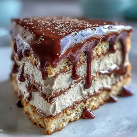 A slice of Hojicha Butter Cream Cake reveals dark chocolate ganache drips over earthy, caramel-hued frosting.