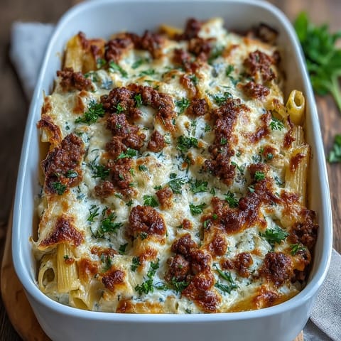 Golden, bubbling mozzarella and Parmesan top a hearty Cottage Cheese Protein Pasta Bake with Ground Beef, served on a rustic plate.