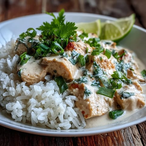 Savory Coconut Chicken Rice Bowl served over fluffy rice, garnished with sliced green onions and lime wedges.