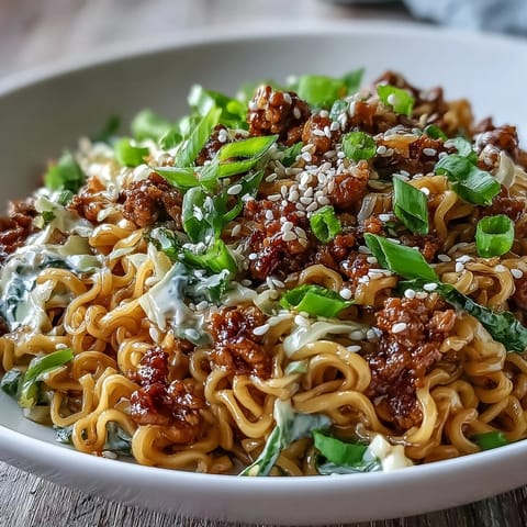 This easy Creamy Potsticker Noodle Stir-Fry combines ground turkey, ramen, and coleslaw mix tossed in a savory peanut sesame sauce.