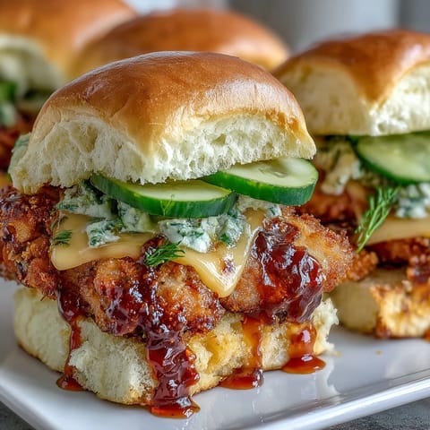 Golden-baked chicken tenders glazed with spicy honey butter are stacked with pickles and cheese inside soft slider buns.