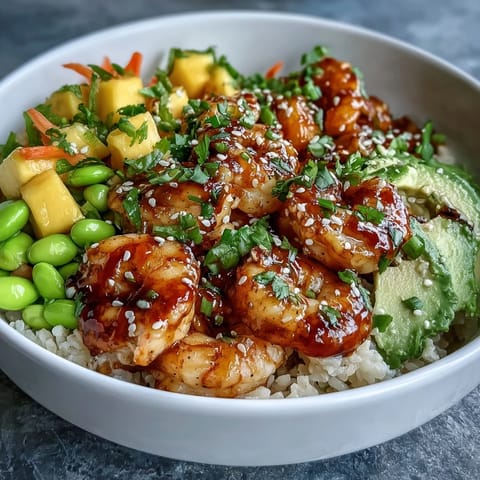 A vibrant 20-Minute Shrimp Poke Bowl with Mango and Edamame with edamame, cucumber, and carrots drizzled in sesame soy sauce.