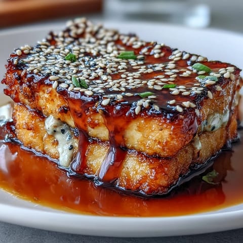 Golden tofu steaks coated in a crunchy blend of black and white sesame seeds, seared to crispy perfection and drizzled with glossy homemade teriyaki sauce.  