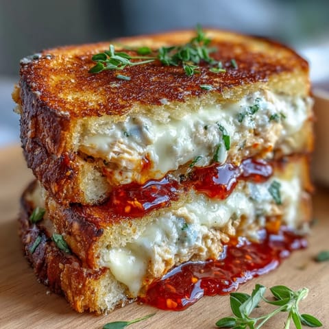 Spicy tuna melt with Calabrian chili, golden sourdough, melted cheese, and a vibrant chili oil drizzle.