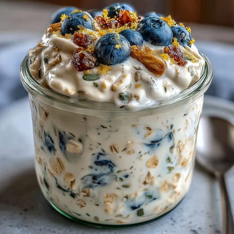 Overnight oats layered with juicy blueberries and bright lemon zest, a healthy and satisfying vegetarian breakfast option.