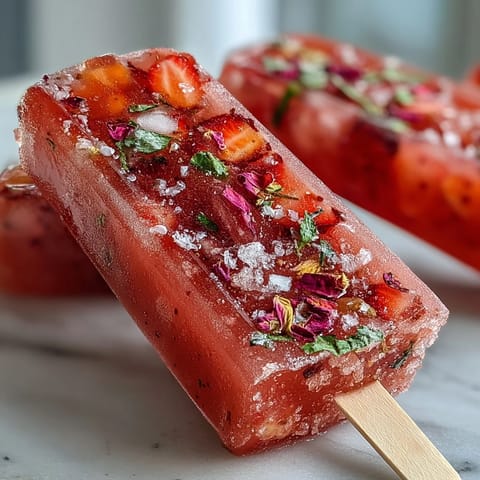Bubbly strawberry mimosa popsicles with orange juice and Prosecco, garnished with fresh strawberry slices.