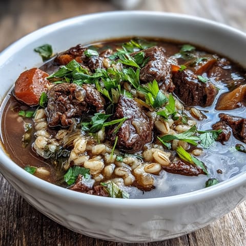 Hearty One-Pot Guinness Beef and Barley Stew with tender beef, root vegetables, and rich stout broth simmering in a Dutch oven.  