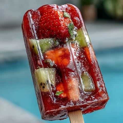 Tropical Strawberry Daiquiri Popsicles featuring juicy mango, pineapple, and kiwi chunks for a boozy poolside delight.  
