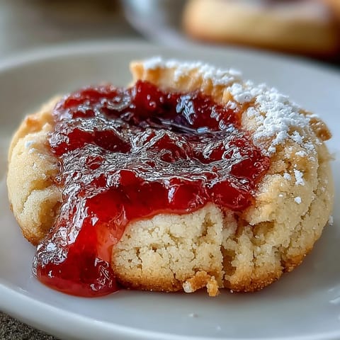 Delicious strawberry jam-filled thumbprint cookies, golden shortbread with sweet fruit center, perfect for summer picnics and parties.