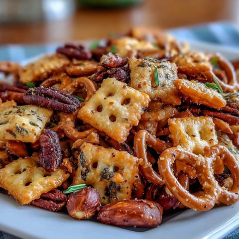Crunchy sourdough Cheez-Its snack mix with roasted nuts and pretzels, seasoned with garlic, onion, and smoked paprika for a savory party treat.  